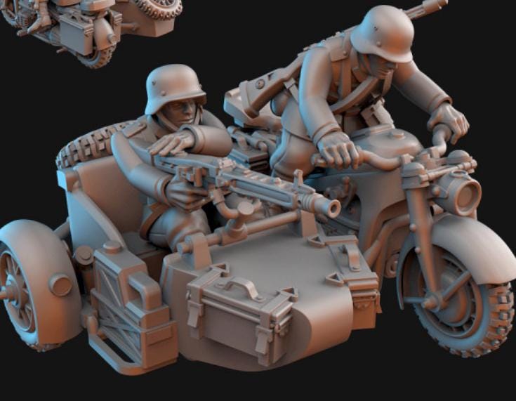 Weird War Zundap Trike – Biker Unit – 32mm Sci-Fi WWII Tabletop Proxies
