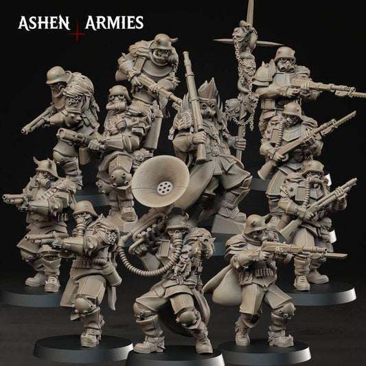 Grimdark Trench Warfare Proxy Miniatures – Devils Infantry & Leader Set – 32mm Resin Warband