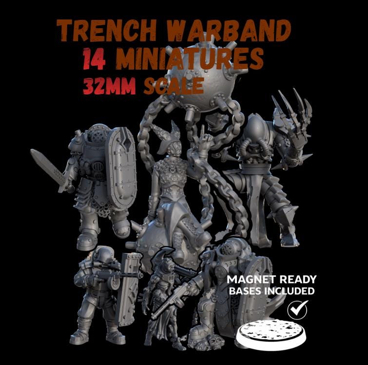 Trench Warfare Warbands Miniature Set - Heretic Serpent,Grail,Legio - 32mm Grimdark Wargame Proxy Army - Magnet Ready Bases