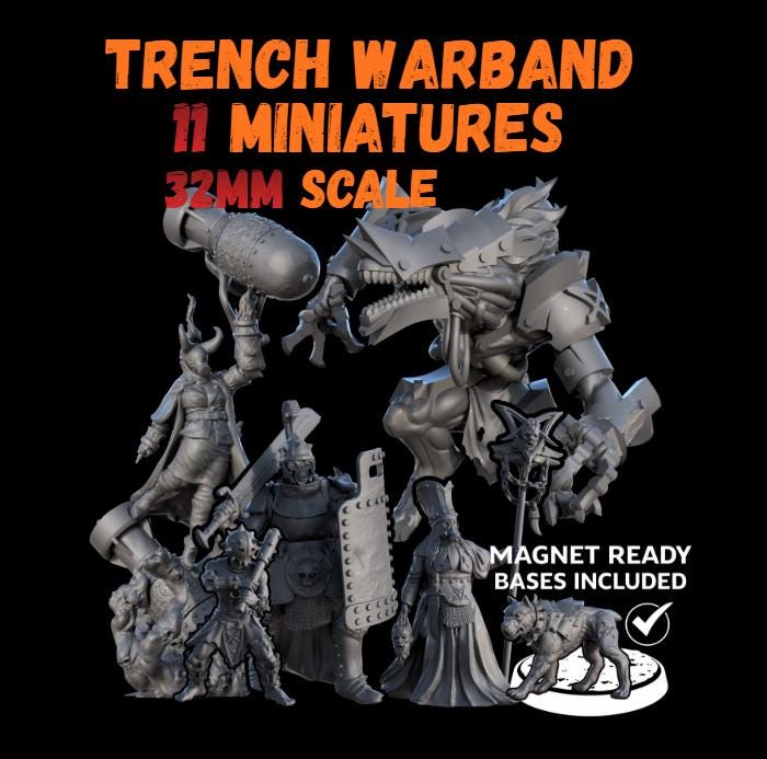 Trench Warfare Warbands Miniature Set - Heretic Serpent,Grail,Legio - 32mm Grimdark Wargame Proxy Army - Magnet Ready Bases