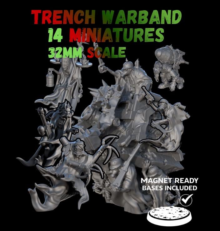 Trench Warfare Warbands Miniature Set - Heretic Serpent,Grail,Legio - 32mm Grimdark Wargame Proxy Army - Magnet Ready Bases