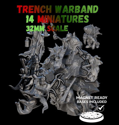 Trench Warfare Warbands Miniature Set - Heretic Serpent,Grail,Legio - 32mm Grimdark Wargame Proxy Army - Magnet Ready Bases
