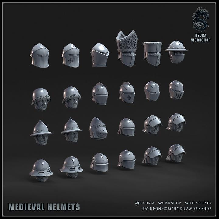Grimdark Medieval Helmets Antioch –  Bit Pack Set Proxy Miniatures for Tabletop Wargaming