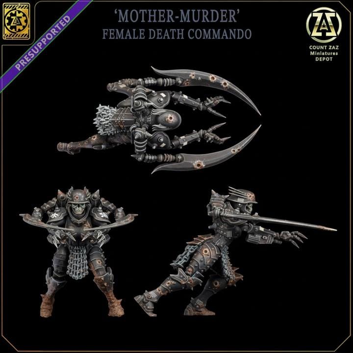 Grimdark Trench Warfare Proxy Miniatures – Female Death Commando Mother of Murder 32mm Scale