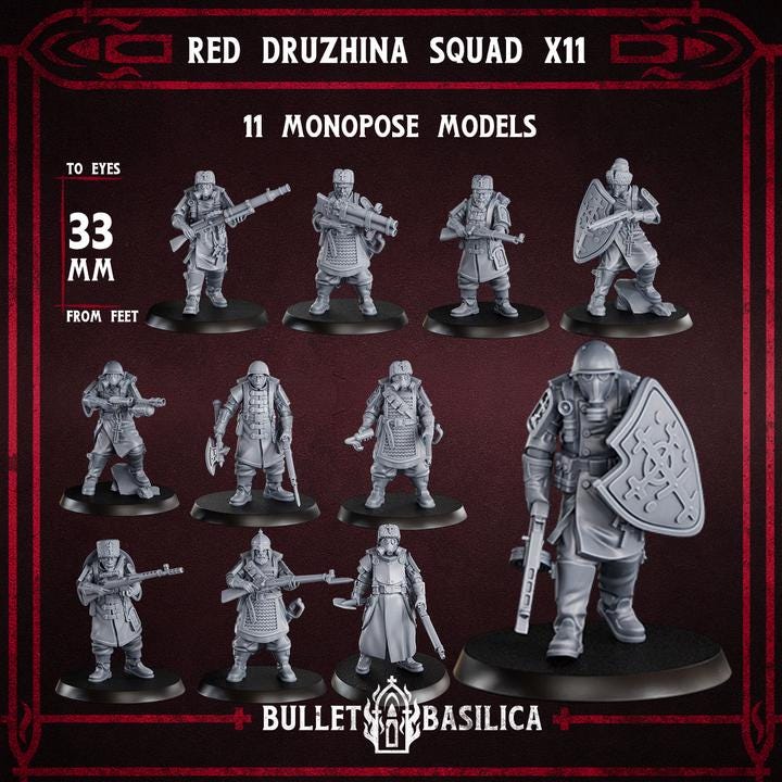 Grimdark Trench Warfare Proxy Miniatures – Red Druzhina Trooper Infantry – 32mm Resin Warband