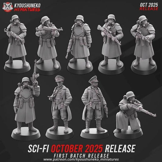 Weird War Infantry Platoon – Complete Set B (16 Miniatures) – 28mm 32mm Sci-Fi WWII Tabletop Proxies