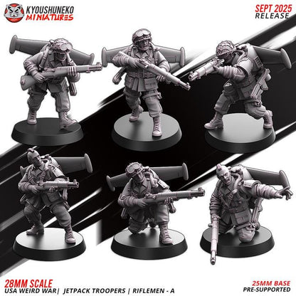 Weird War Infantry Squad – USA Jet Pack Rifleman (6 Miniatures) – 28mm 32mm WW2 Konflikt 47 / Bolt Action Compatibel
