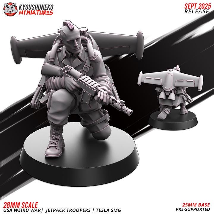 Weird War Infantry Squad – USA Jet Pack SMG (5 Miniatures) – 28mm 32mm WW2 Konflikt 47 / Bolt Action Compatibel