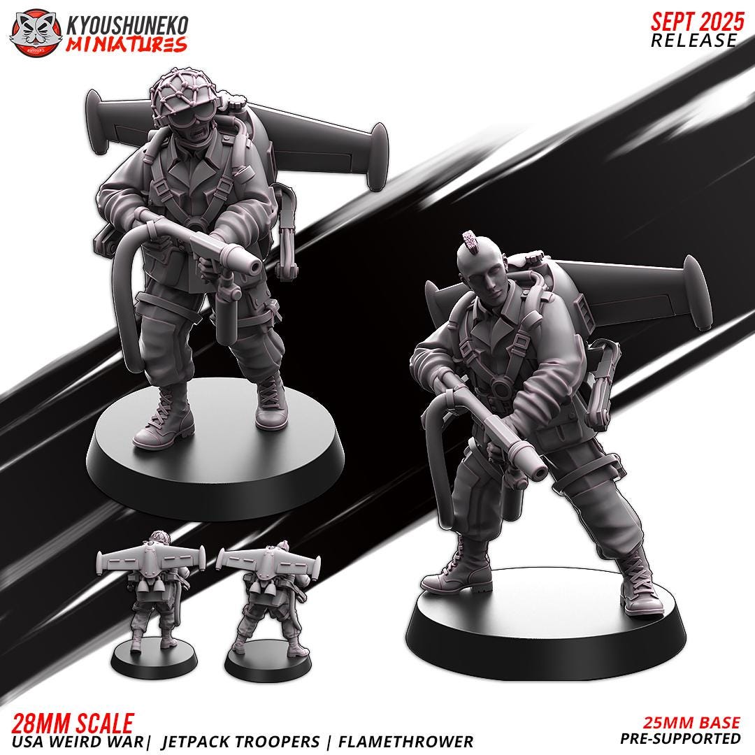 Weird War Infantry Squad – USA Jet Pack Flamethrower Team (2 Miniatures) – 28mm 32mm WW2 Konflikt 47 / Bolt Action Compatibel
