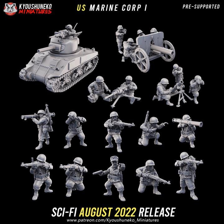 Weird War Bundle – US Marine Corps  – Artillery, Tank, Mortar, MG, Bazooka Infantry -  28mm Sci-Fi WWII Tabletop Army Set