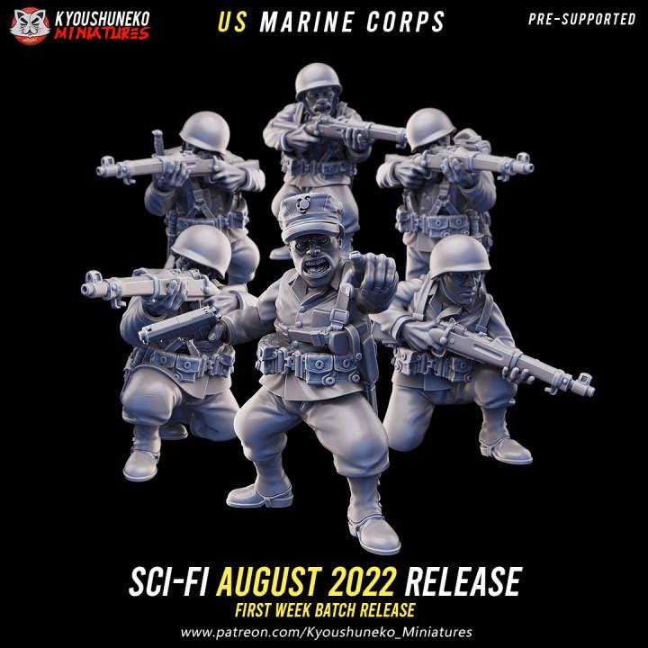 Weird War Bundle – US Marine Corps  – Artillery, Tank, Mortar, MG, Bazooka Infantry -  28mm Sci-Fi WWII Tabletop Army Set