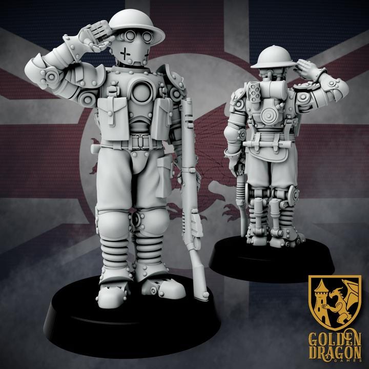 11 Miniatures Weird War Infantry Squad – Automated Infantry HMG,SMG – British Commonwealth - 28mm 32mm Sci-Fi WWII Tabletop Proxies