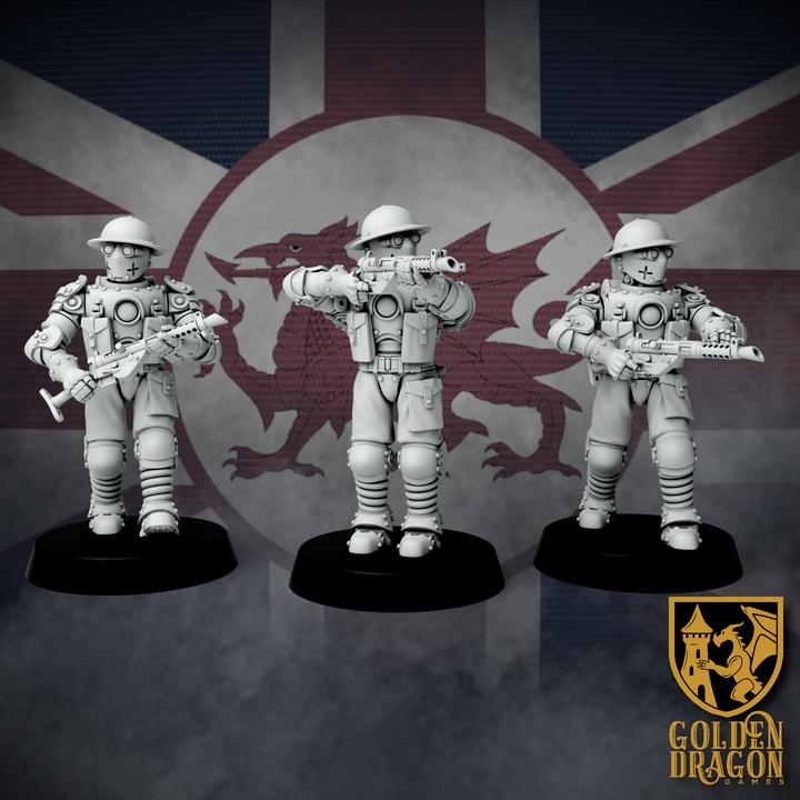 11 Miniatures Weird War Infantry Squad – Automated Infantry HMG,SMG – British Commonwealth - 28mm 32mm Sci-Fi WWII Tabletop Proxies