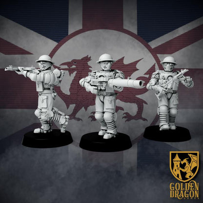 11 Miniatures Weird War Infantry Squad – Automated Infantry HMG,SMG – British Commonwealth - 28mm 32mm Sci-Fi WWII Tabletop Proxies