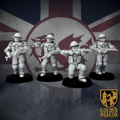 11 Miniatures Weird War Infantry Squad – Automated Infantry HMG,SMG – British Commonwealth - 28mm 32mm Sci-Fi WWII Tabletop Proxies