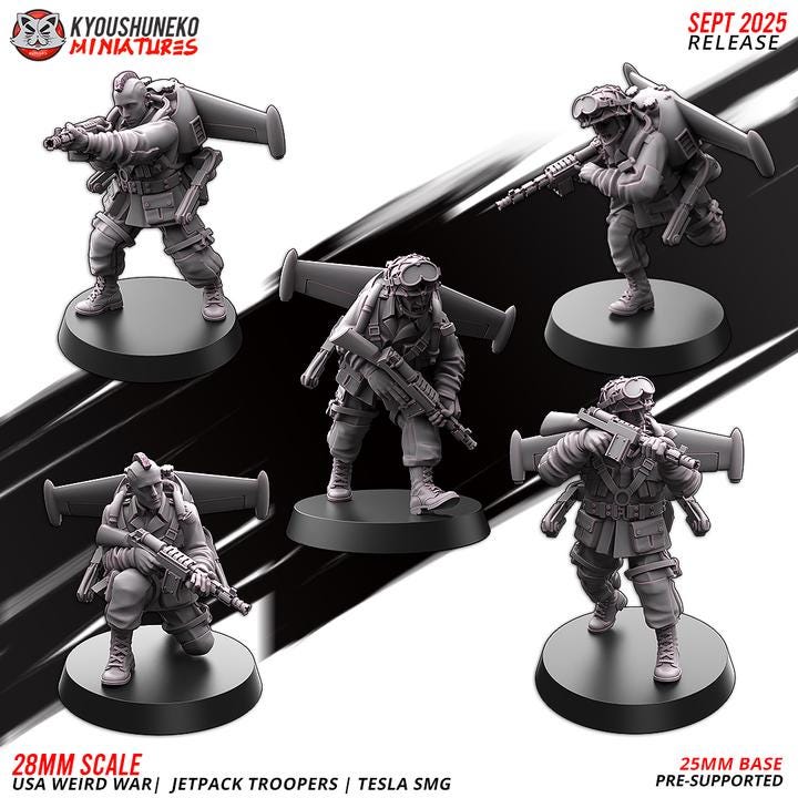 Weird War Infantry Squad – USA Jet Pack SMG (5 Miniatures) – 28mm 32mm WW2 Konflikt 47 / Bolt Action Compatibel