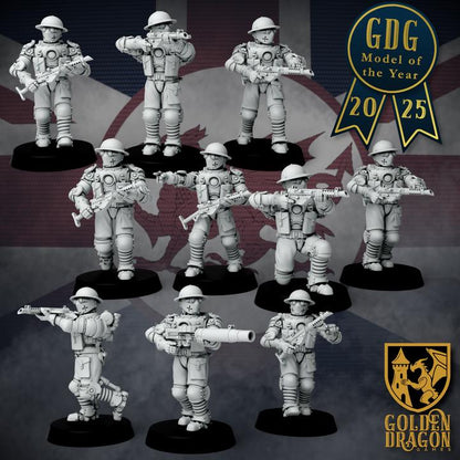 11 Miniatures Weird War Infantry Squad – Automated Infantry HMG,SMG – British Commonwealth - 28mm 32mm Sci-Fi WWII Tabletop Proxies