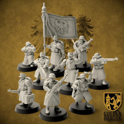 9 Minatures Grimdark Trench Warfare Miniatures – Elite Prussia Infantry & Officers Set – Tabletop Figures Wargame 32mm