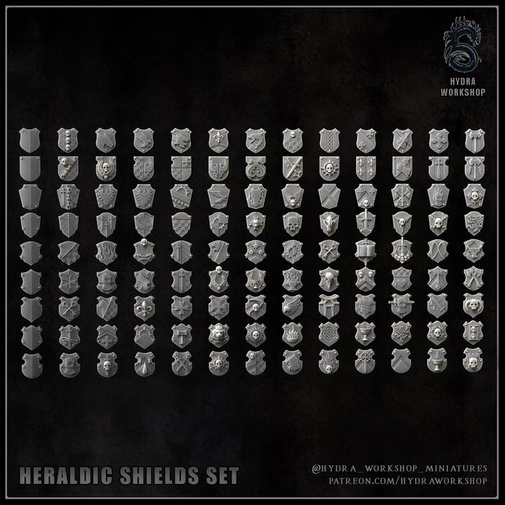 117 Parts Grimdark Trench Warfare Bit Set Heretic Heraldic Shields –  Bit Pack Set Proxy Miniatures for Tabletop Wargaming Fantasy Knights