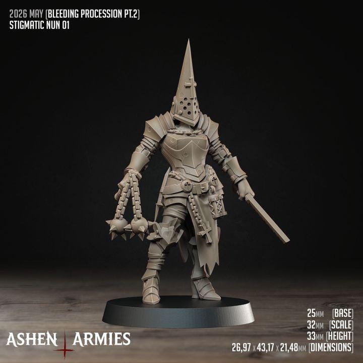32 Minitures Grimdark Trench Warfare Nun Army Proxy Miniatures – Pilgrims Expansion Set Ashen Armies