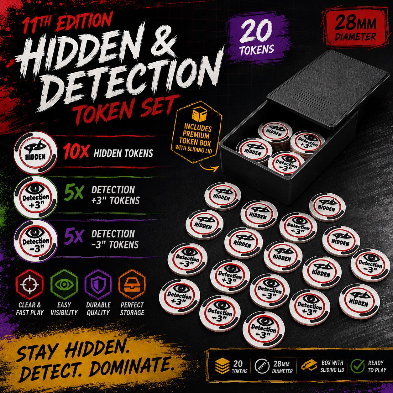 Hidden & Detection Token Set – 11th Edition Compatible - Tabletop Wargame Tokens Set with Storage Box