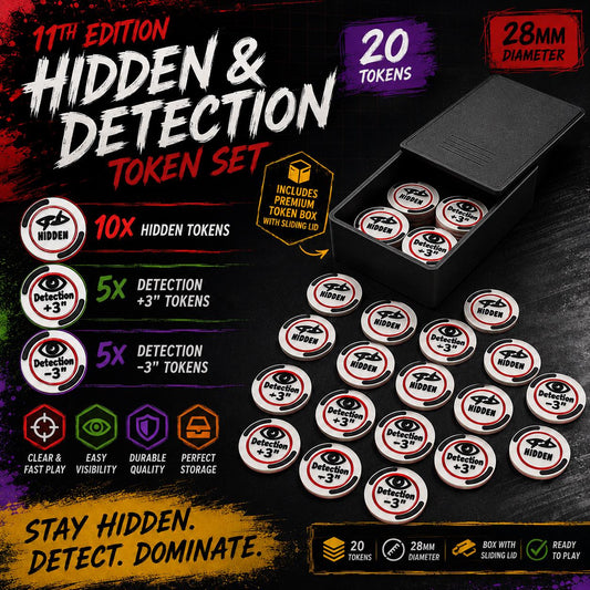 Hidden & Detection Token Set – 11th Edition Compatible - Tabletop Wargame Tokens Set with Storage Box