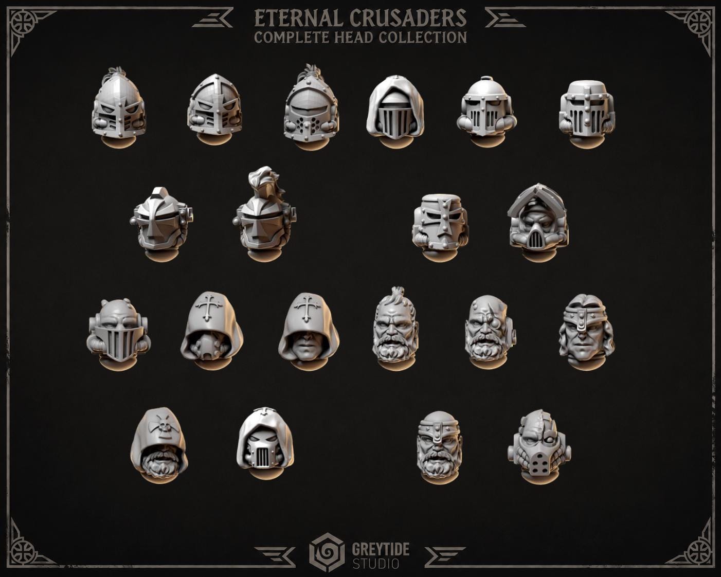 Grimdark Eternal Crusaders Helmet Bit Set | 20 Gothic Crusader Helmets | Premium Resin Upgrade Bits | 28mm & 32mm