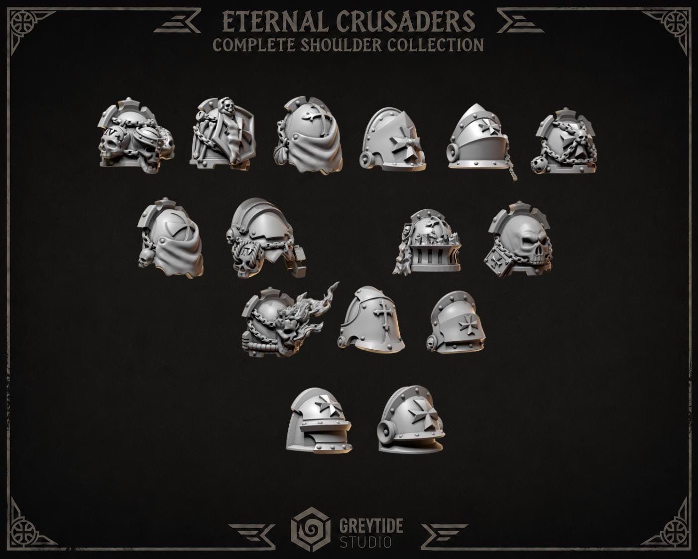 Grimdark Eternal Crusaders Shoulder Bit Set | 15 Gothic Crusader Helmets | Premium Resin Upgrade Bits | 28mm & 32mm